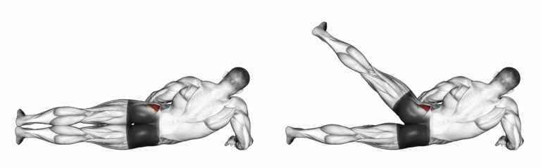 Foot moves to the side, lying on its side. Exercising for bodybuilding. Target muscles are marked in red. Initial and final steps. 3D illustration